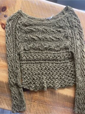 Free People Olive Crochet Openwork Cable-Knit Sweater